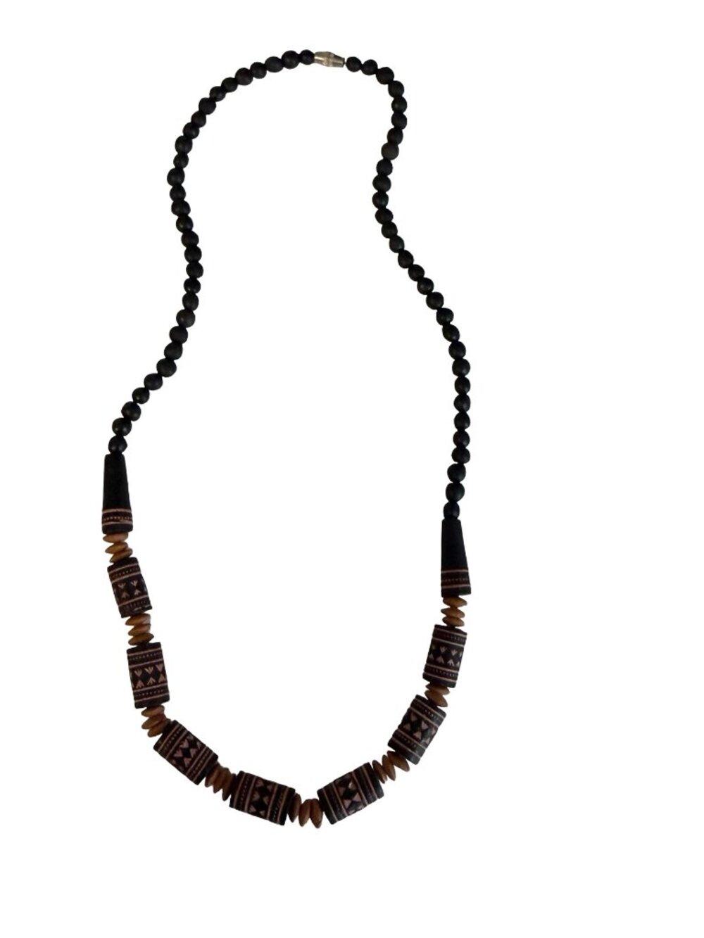 Vintage Tribal Style Beaded Necklace 18” Black Matte Beads Carved Bone Geometric